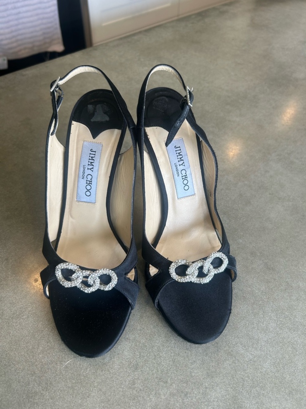 Jimmy Choo Black Satin Slingback Heels with Crystal Loop Embellishment